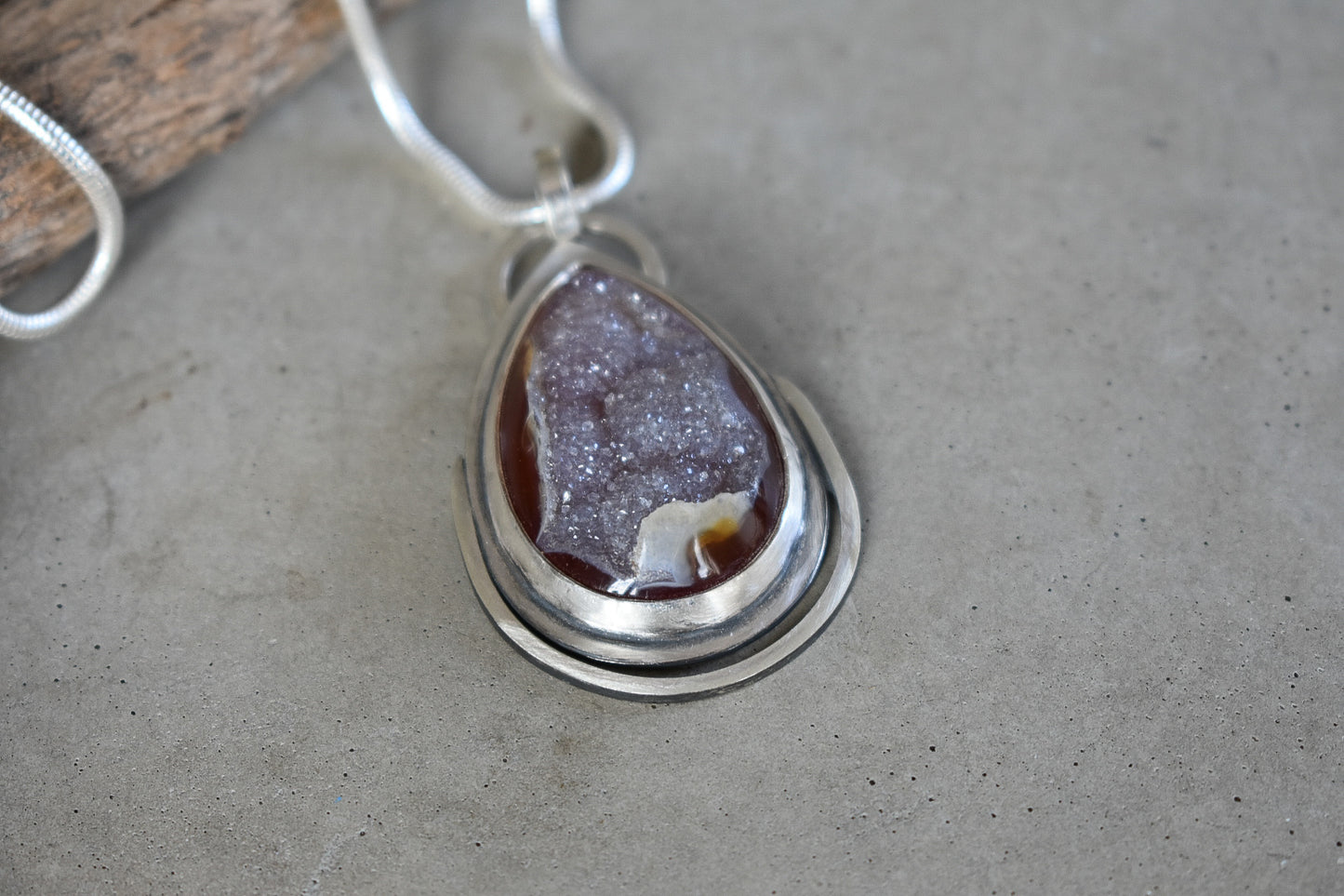 Druzy Agate & Eco Silver Tear drop Pendant