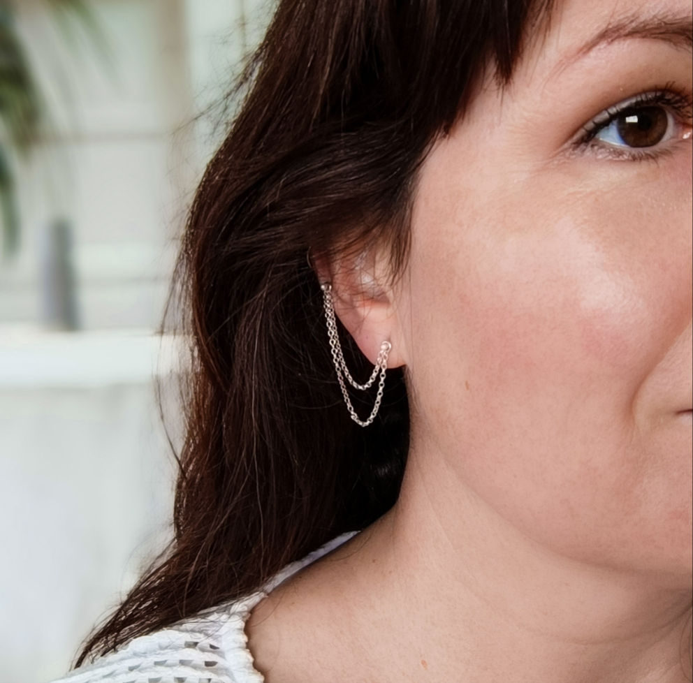 Layered Chain earring with Teeny Tiny studs