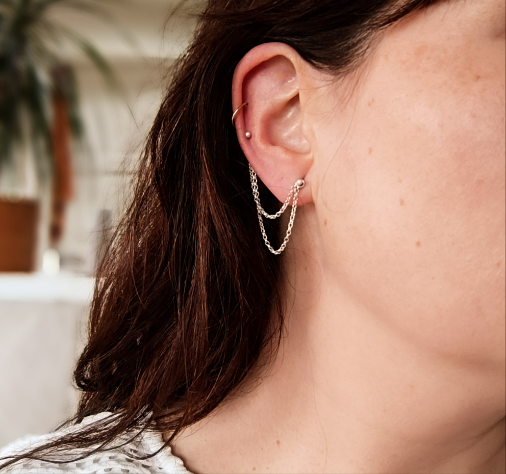 Layered Chain earring with Teeny Tiny studs