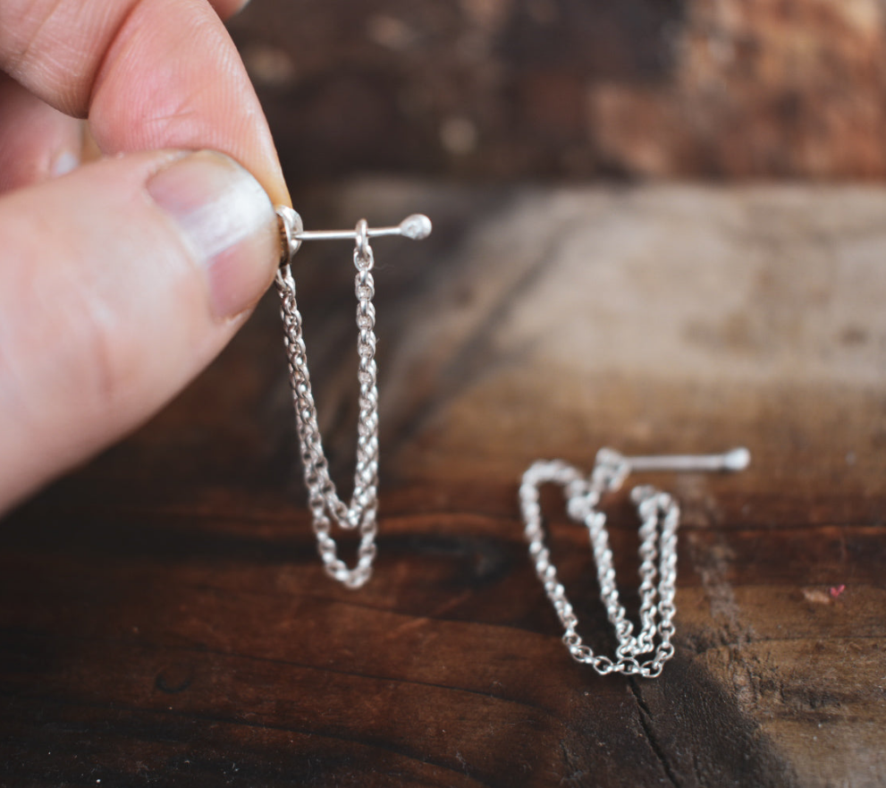 Layered Chain earring with Teeny Tiny studs